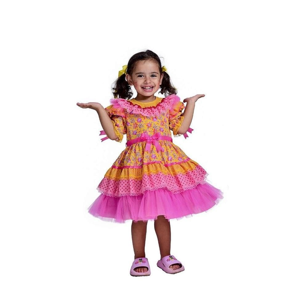 Vestido Junino Bambolê Floral Amarelo Com Tulê Rosa
