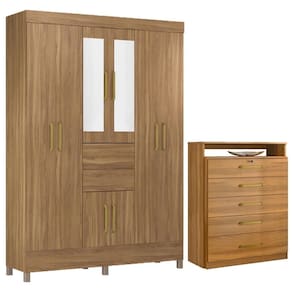 Kit Guarda Roupa Casal Com Espelho 8 Portas Munique Cômoda Triunfo Amêndola Touch