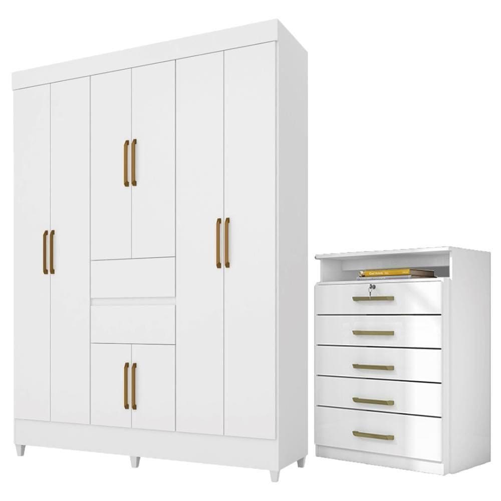Kit Guarda Roupa Casal 8 Portas Munique Cômoda Triunfo Branco