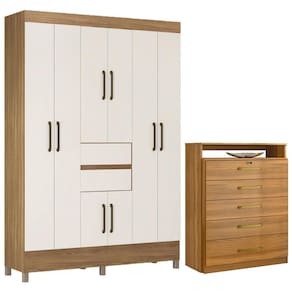 Kit Guarda Roupa Casal 8 Portas Munique Cômoda Triunfo Amêndola Touch Off White