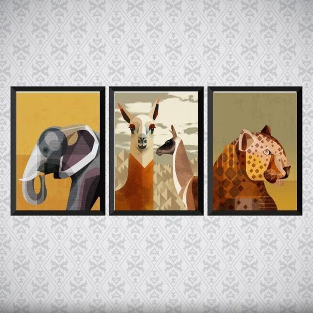 Kit 3 Quadros Arte Animais Geométricos 45X34Cm - Com Vidro