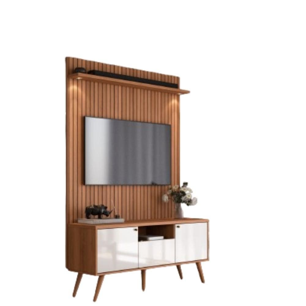 Rack Movelove 2 Portas e 1 Gaveta com Painel Led Efeito Ripado para TV 70 Polegadas River 136cm
