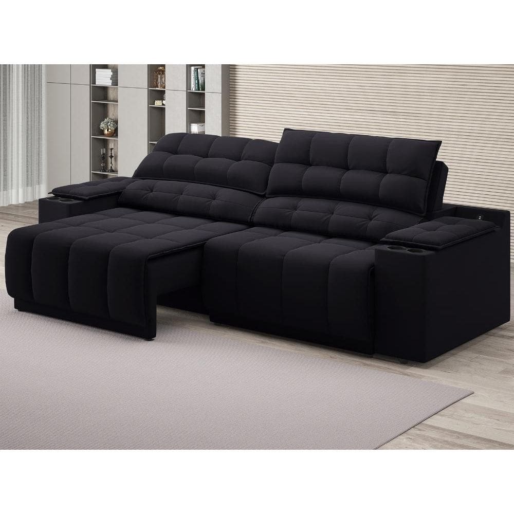 Sofá com Porta Copos Carregador USB Ret Rec Samurai 2,00m Velosuede Preto - NETSOFAS