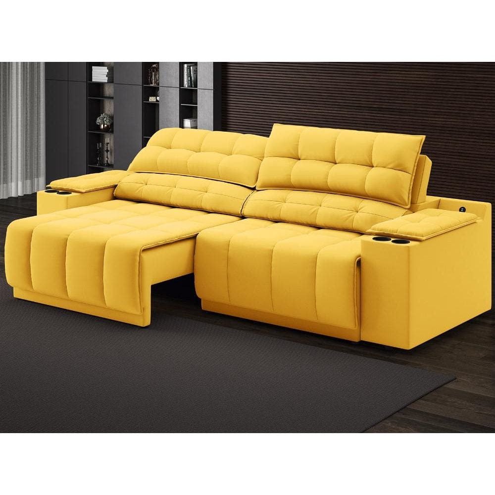 Sofá com Porta Copos Carregador USB Ret Rec Samurai 2,00m Velosuede Canário - NETSOFAS