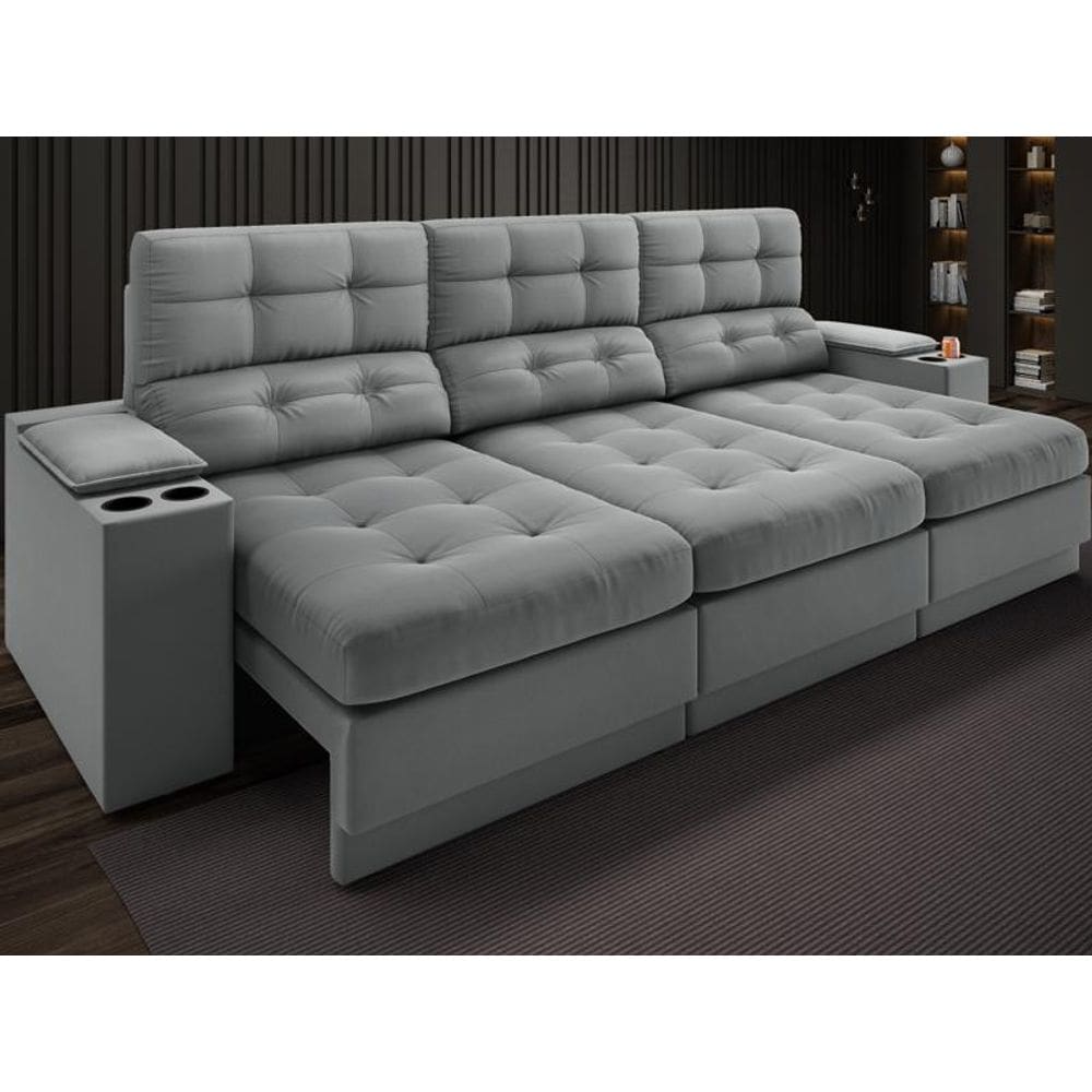 Sofá com Porta Copos e Carregador USB Eureka 2,30m Assento Retrátil e Reclinável Velosuede Cinza - NETSOFAS