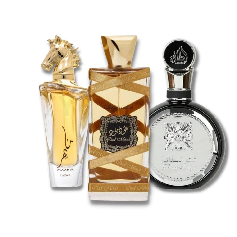 Conjunto de perfumes Lattafa Maahir Fakhar Oud Mood Elixir 100ml
