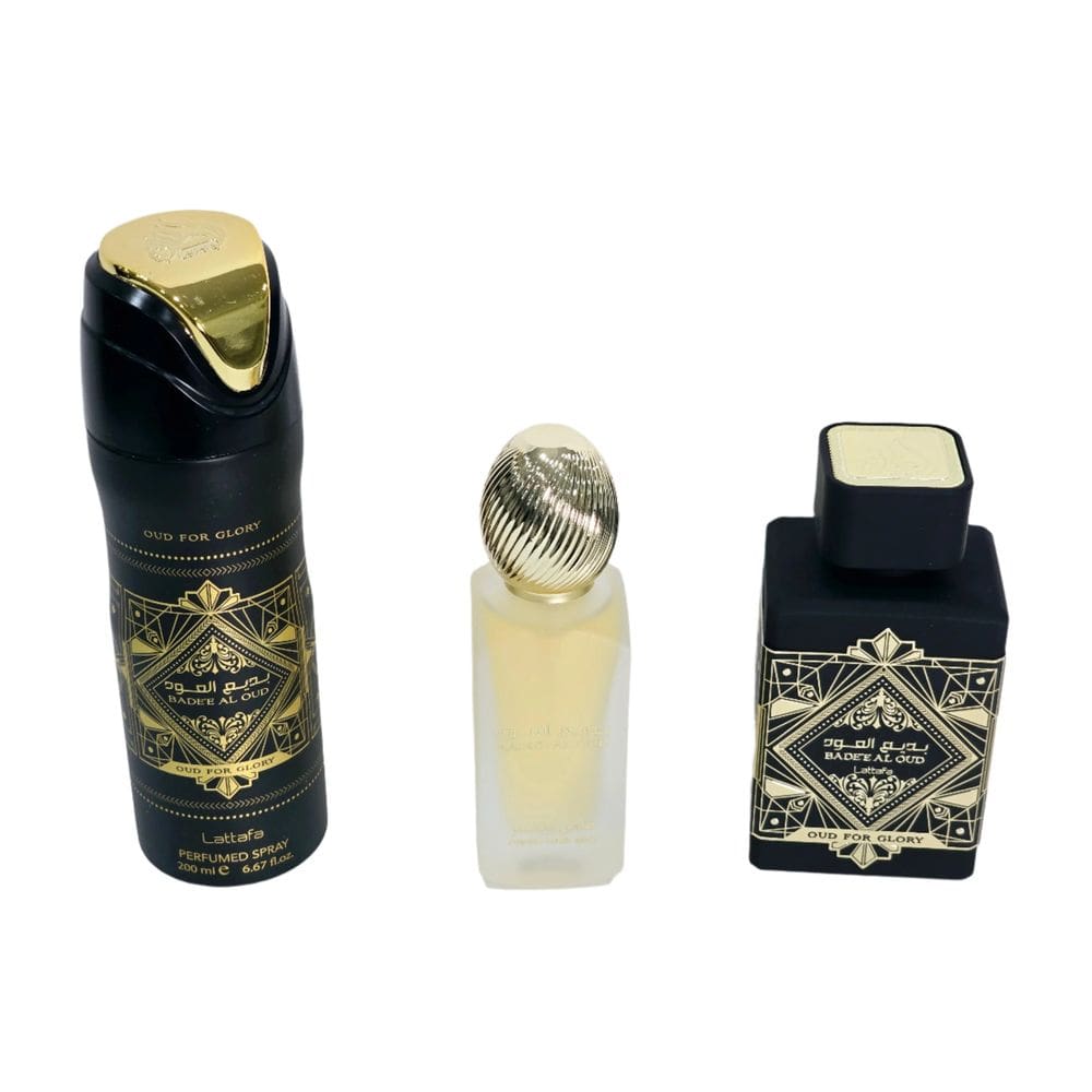 Conjunto de 3 peças de perfume LATTAFA BADE`E AL OUD FOR GLORY: 100 mL + 2