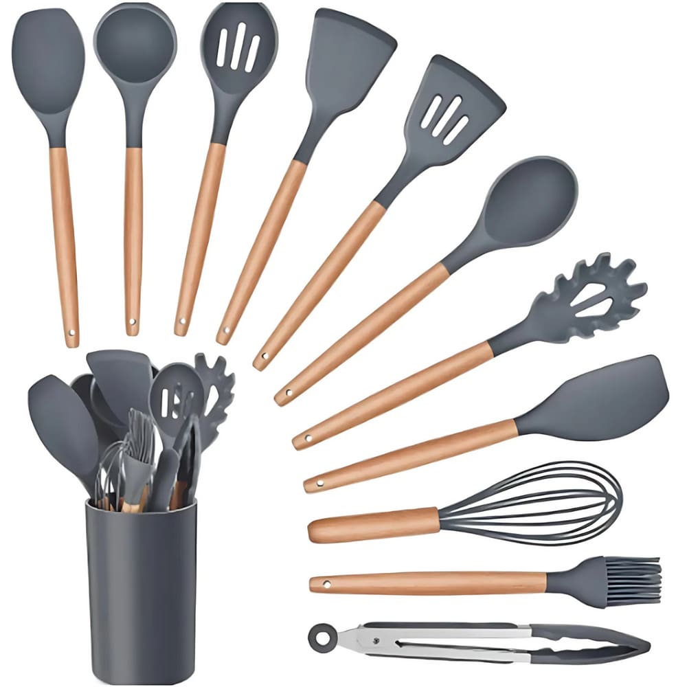 Kit 12 Utensílios de Silicone com Cabo de Madeira Conjunto para Cozinha Antiaderente
