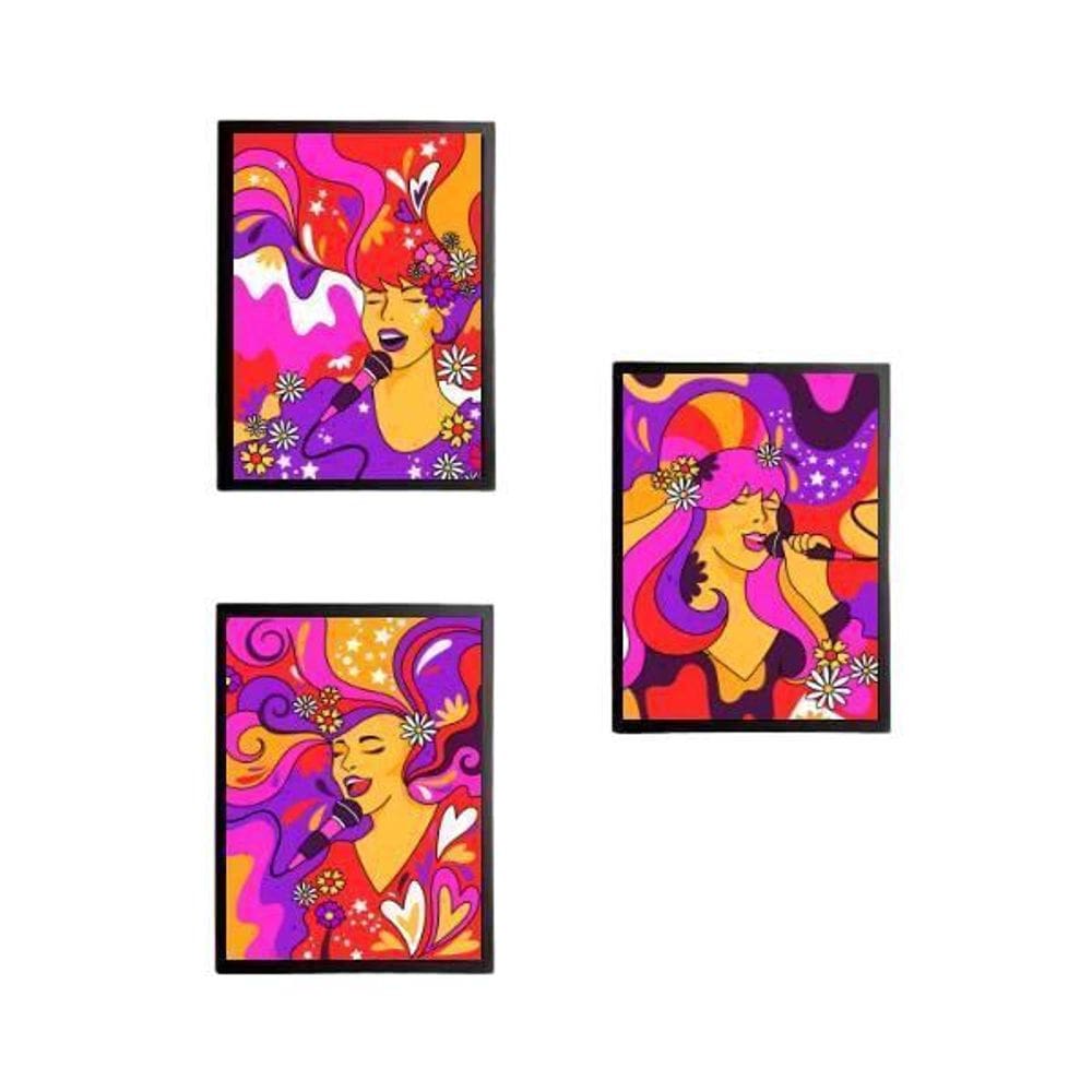 Kit 3 Quadros Figurativos Cantoras 33X24 Com Vidro - Preta