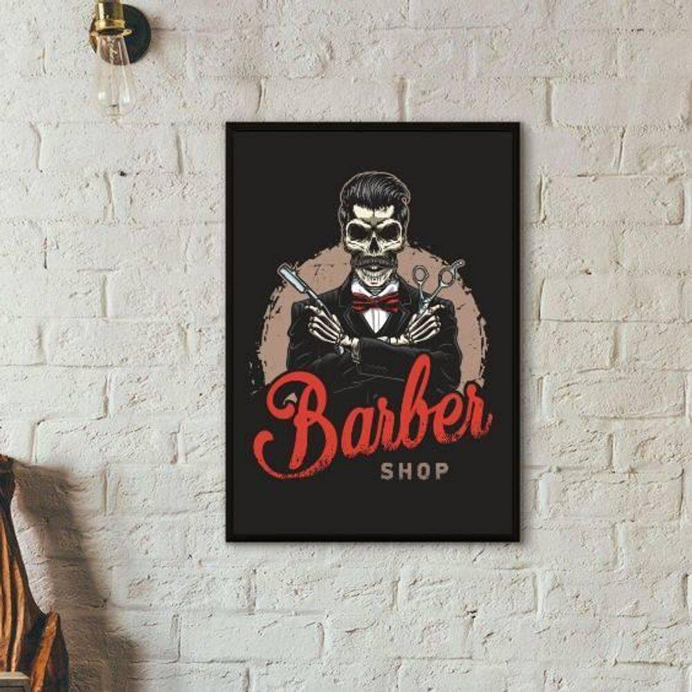 Quadro Decorativo Skull Barber Shop Moldura Preta 24X18Cm