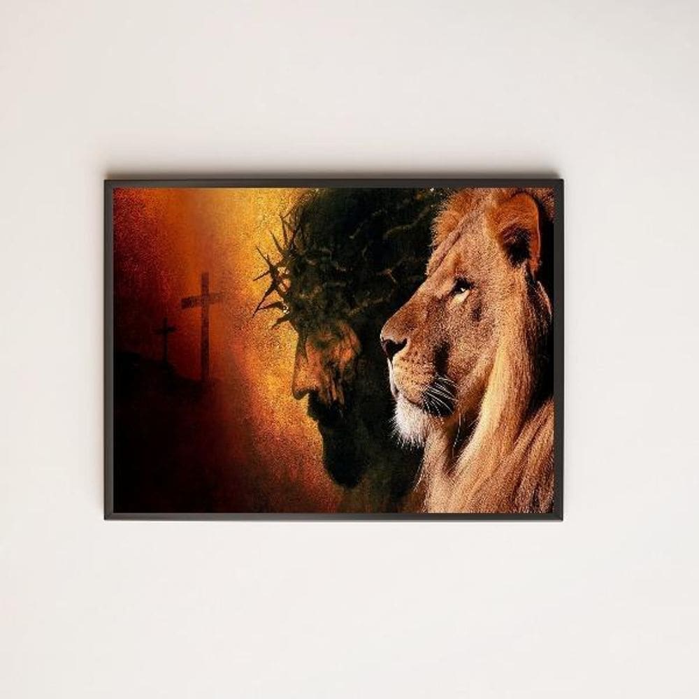 Quadro Leão De Judá Com Cristo 45X34 Com Vidro Moldura Preta
