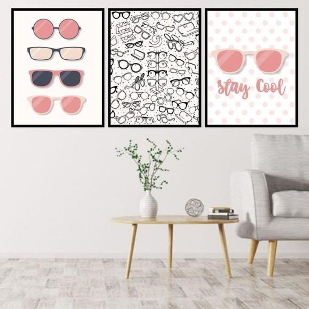 Kit 3 Quadros Óculos - Stay Cool 33X24Cm - Com Vidro