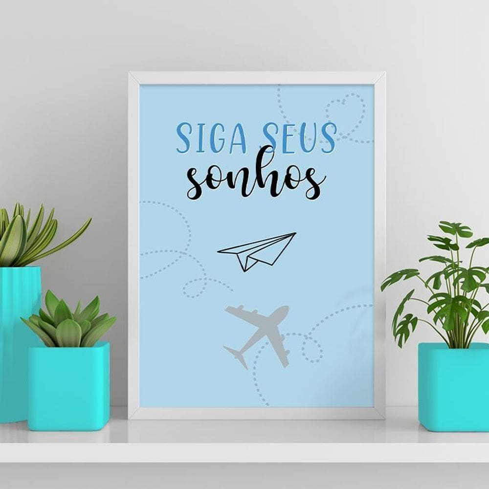 Quadro Siga Seus Sonhos Avião Azul 45X34Cm Madeira Branca