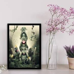 Quadro Três Macacos Sábios Modernos 45X34Cm Madeira Preta