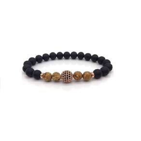 Pulseira Masculina Pedra Ágata Matte e Beads Rose Zircônias