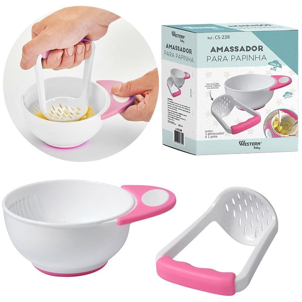 Kit Papinha Tigela Com Amassador De Plastico Rosa Na Caixa