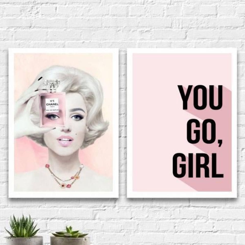 Kit 2 Quadros Fashion Marilyn You Go Girl 24X18Cm Branca