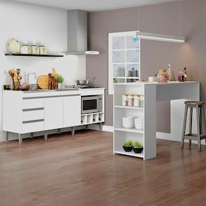 Kit Cozinha Americana Balcão Pia + Bancada Ilha Menu Móveis Branco