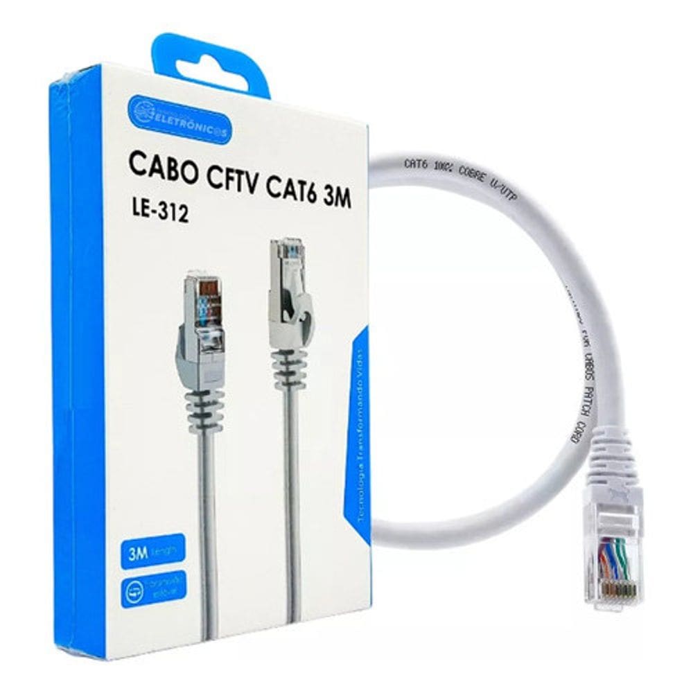 Cabo CFTV conexão RJ45 Cat6 de 3 metros transmissão de Dados estabilizada