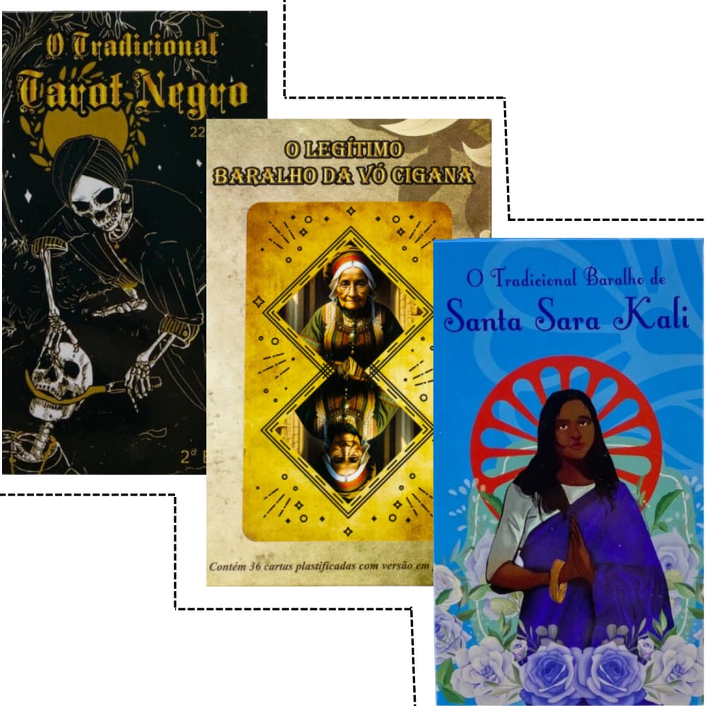 Kit 3 Baralhos Vó Cigana, Santa Sara e Tarot Negro Manual