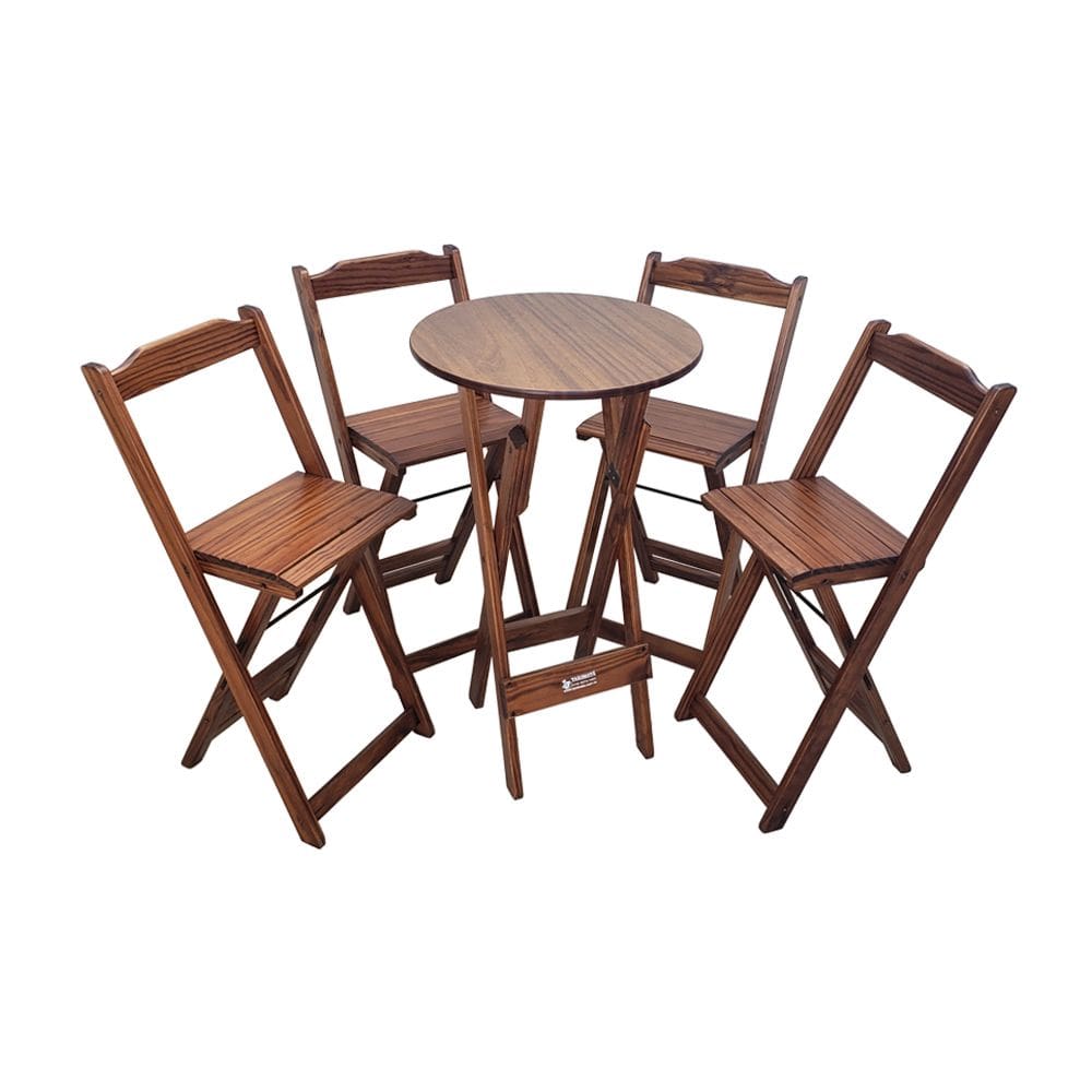 Mesa Bistrô Dobrável de Madeira Redonda com 4 Banquetas Imbuia - Tarimatã
