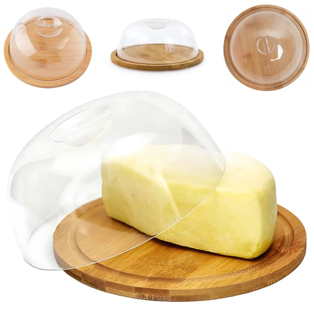 Queijeira Cristal Porta Queijo De Bambu Com Tampa Transparente Bandeja De Servir Queijos