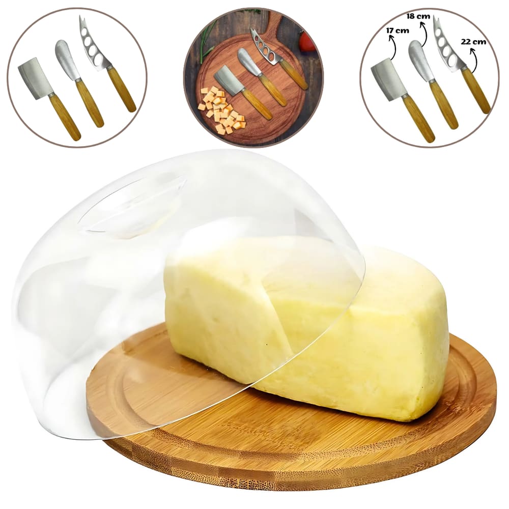 Kit Queijeira Cristal Bandeja para Queijos com Tampa + Jogo de Facas para Servir com Cabo de Madeira