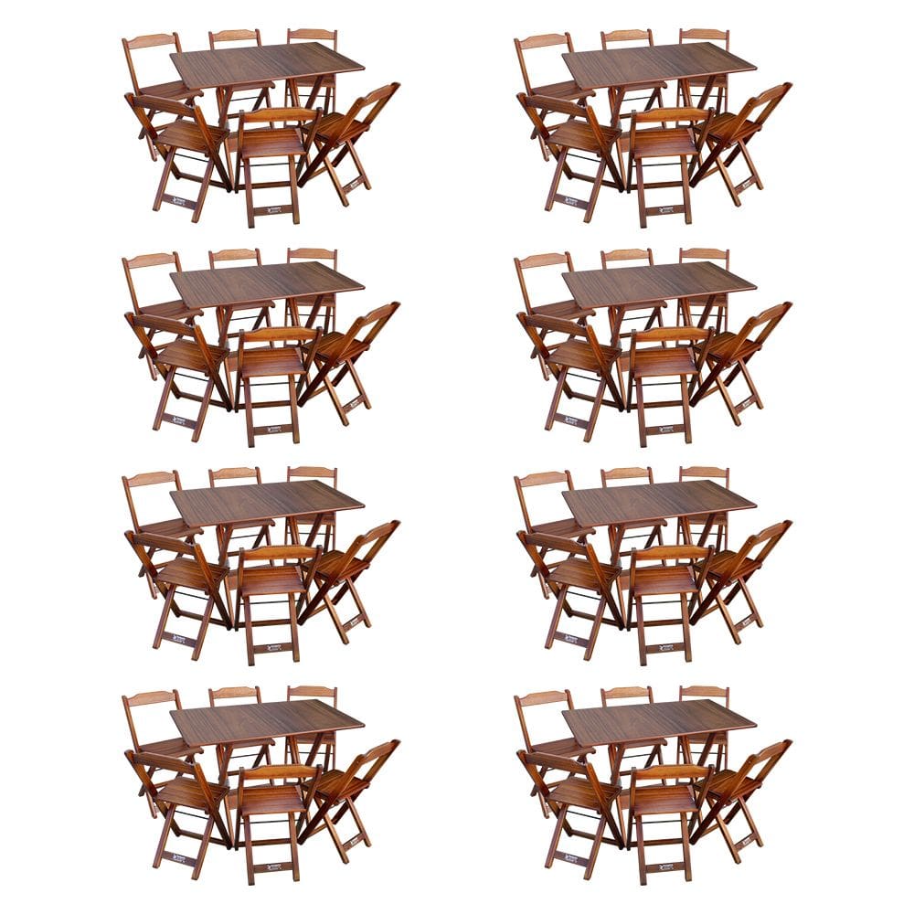 Kit 8 Conjuntos de Mesa Dobráveis de Madeira 70x110cm com 6 Cadeiras Imbuia