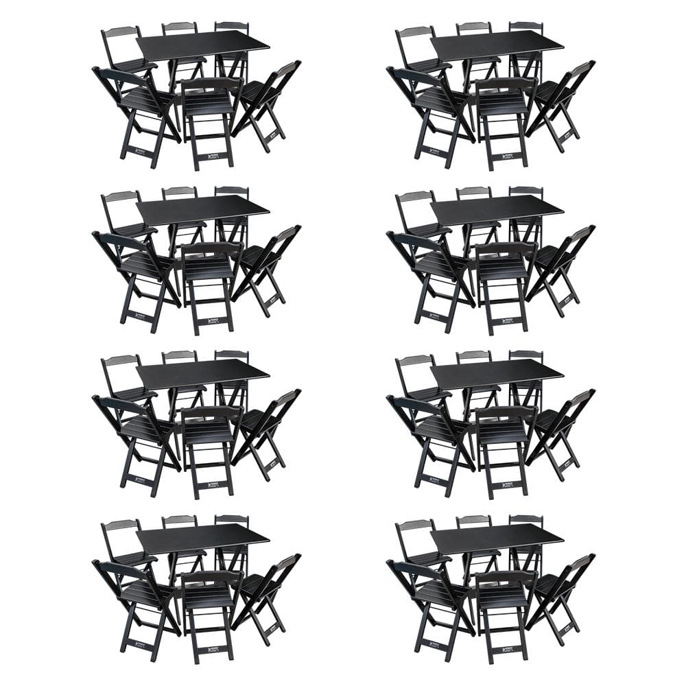 Kit 8 Conjuntos de Mesa Dobráveis de Madeira 70x110cm com 6 Cadeiras Preta