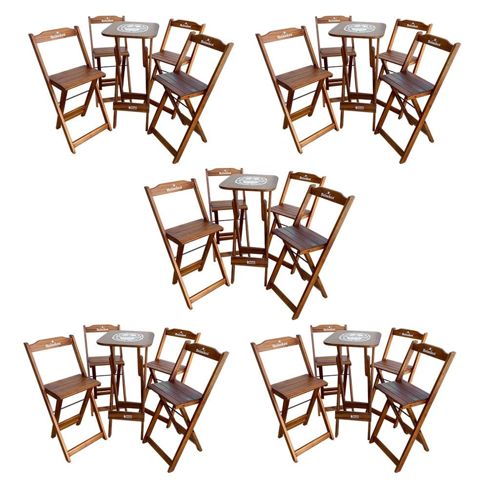 Kit 5 Conjuntos Bistrô Mesa com 4 Banquetas Dobráveis de Madeira Personalizada Hei - Imbuia