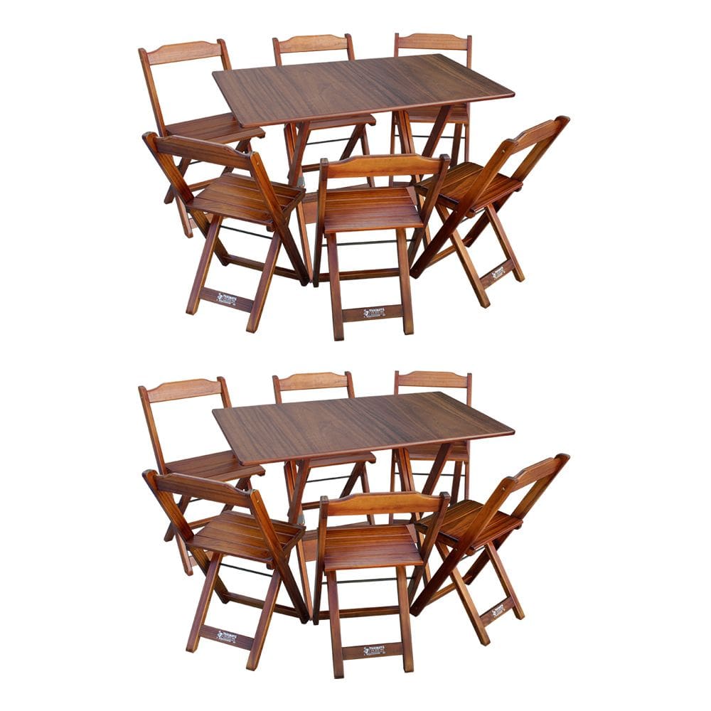 Kit 2 Conjuntos de Mesa Dobráveis de Madeira 70x110cm com 6 Cadeiras Imbuia