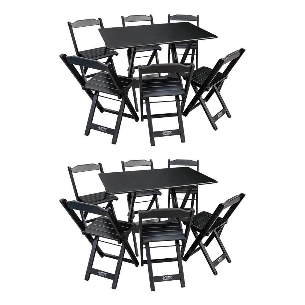 Kit 2 Conjuntos de Mesa Dobráveis de Madeira 70x110cm com 6 Cadeiras Preta