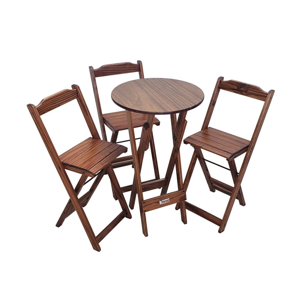 Mesa Bistrô Dobrável de Madeira Redonda com 3 Banquetas Imbuia - Tarimatã