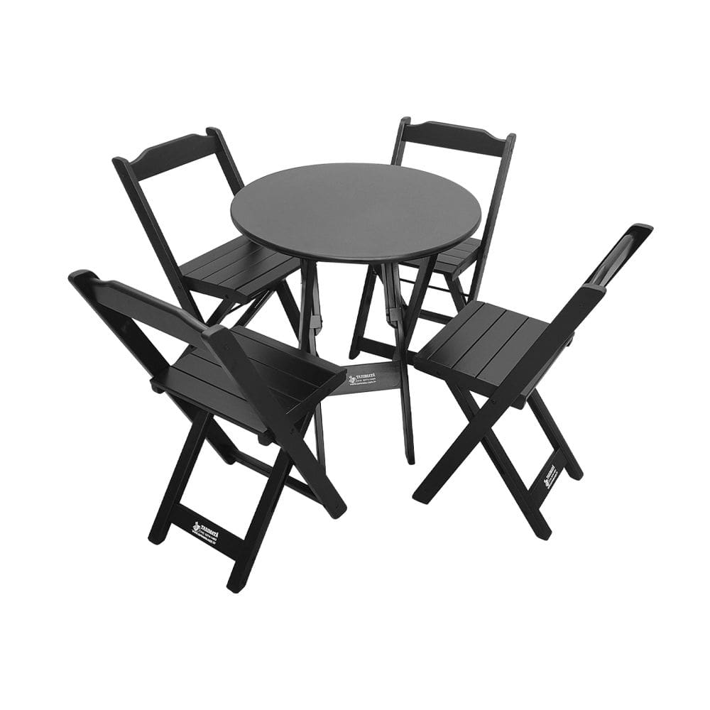 Mesa Dobrável de Madeira Redonda 70cm com 4 Cadeiras Preta - Tarimatã