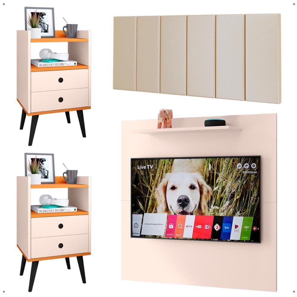 Kit 2 Mesinhas Gavetas Painel Off White/Cinamomo Tv 32 Polegadas Prateleira Cabeceira Areia Suede Almofadada Cama Box King Size 1,95 - Lojas RPM