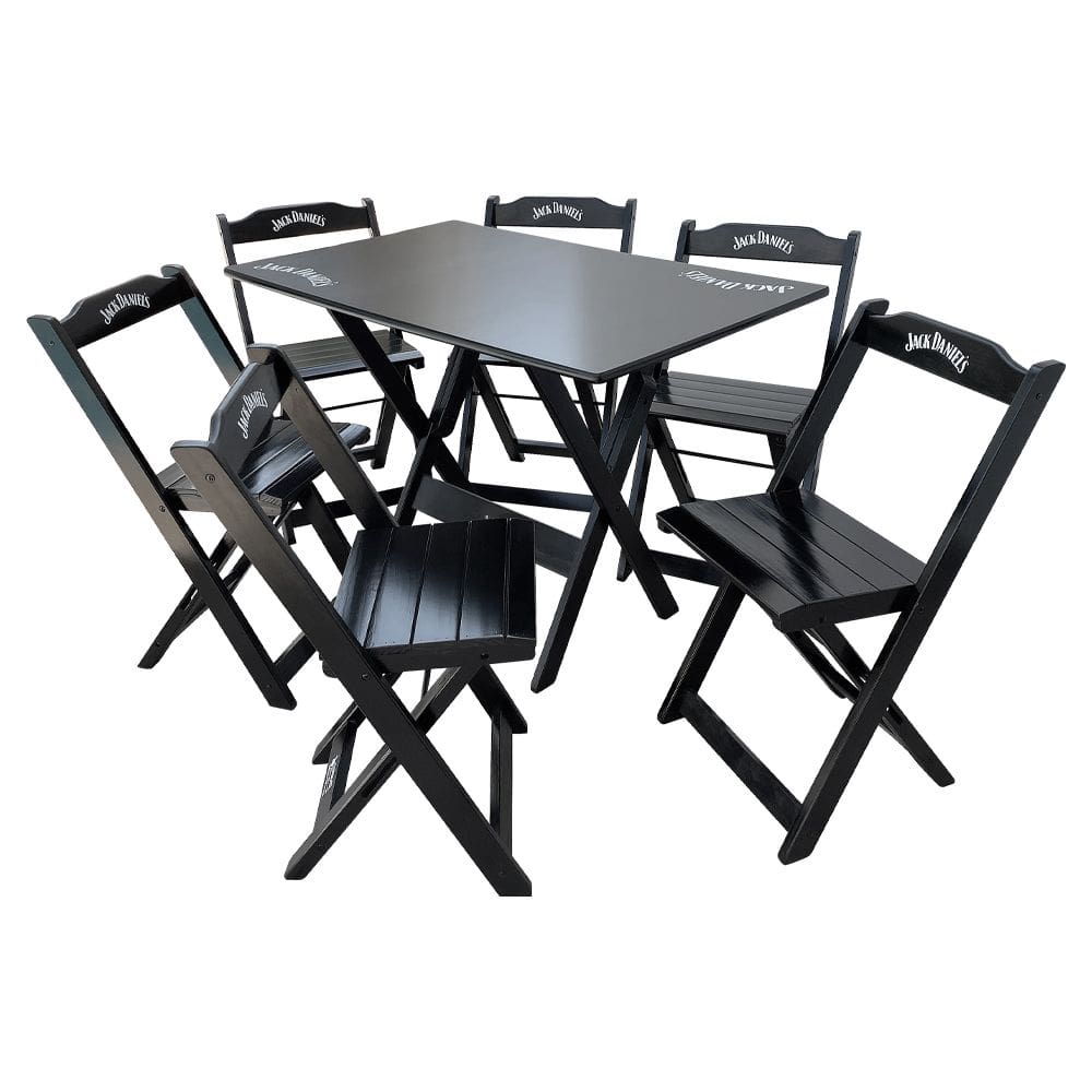 Conjunto Mesa Dobrável Madeira 110x70 com 6 Cadeiras Personalizada Jack Preta - Tarimatã