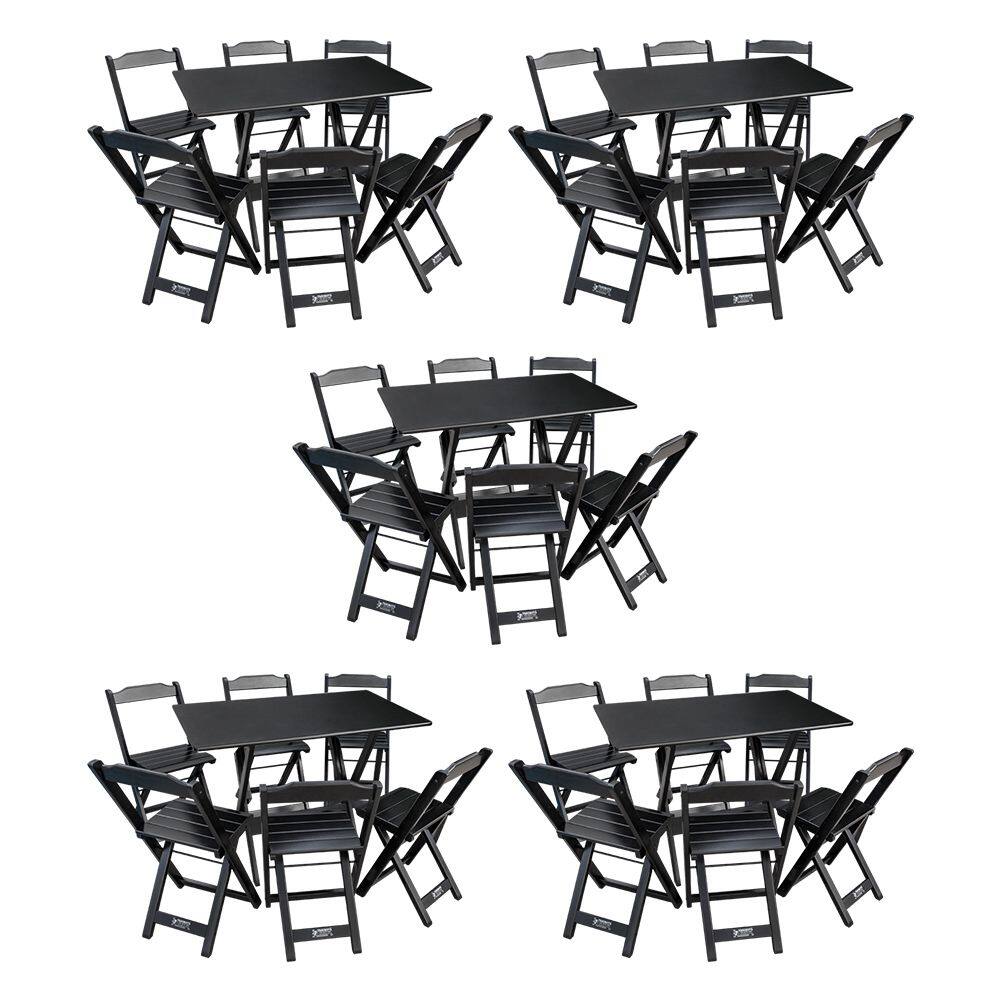 Kit 5 Conjuntos de Mesa Dobráveis de Madeira 70x110cm com 6 Cadeiras Preta