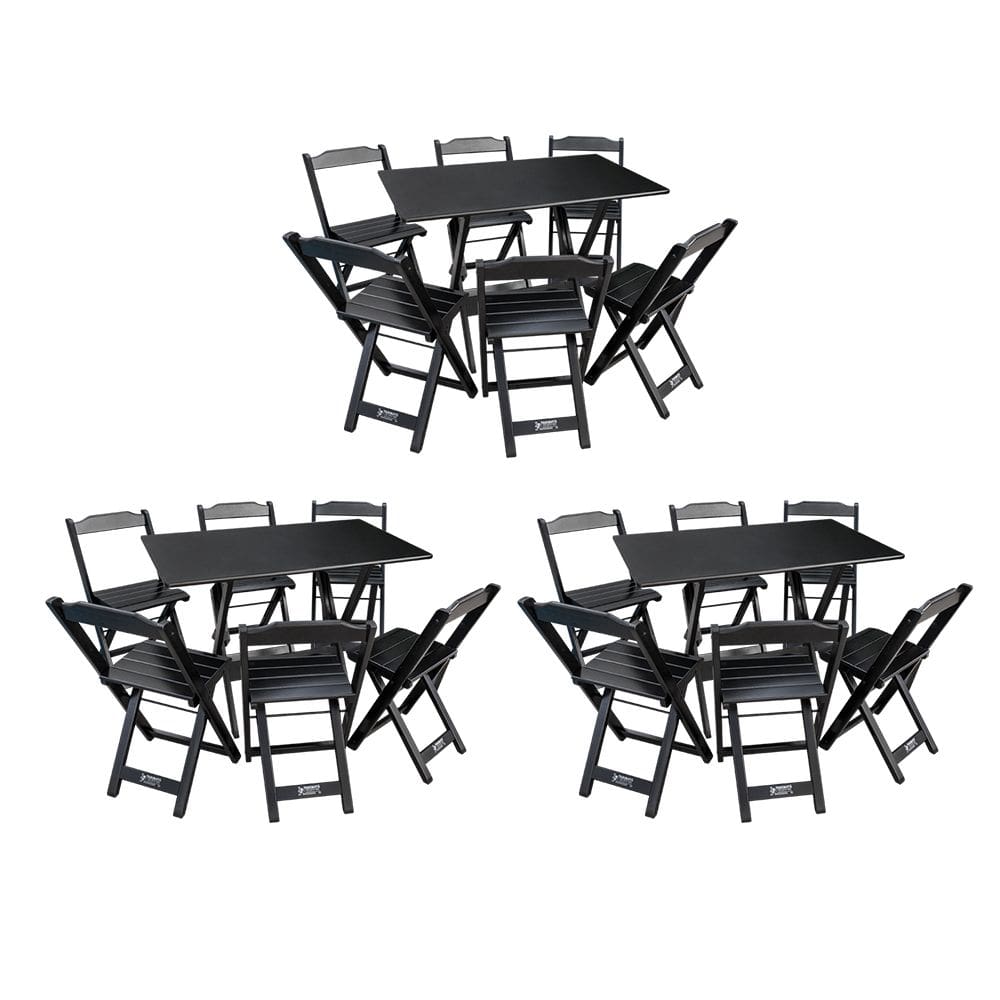 Kit 3 Conjuntos de Mesa Dobráveis de Madeira 70x110cm com 6 Cadeiras Preta