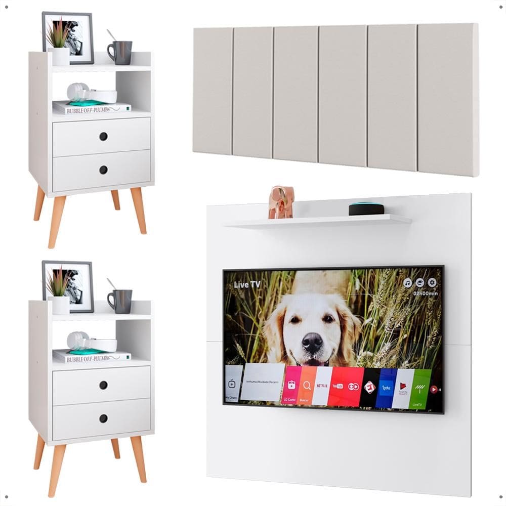 Kit 2 Mesinhas Gavetas Organizadoras Painel Branco Tv 32 Polegadas Prateleira Cabeceira Corino Almofadada Cama Box King Size 1,95 - Lojas RPM