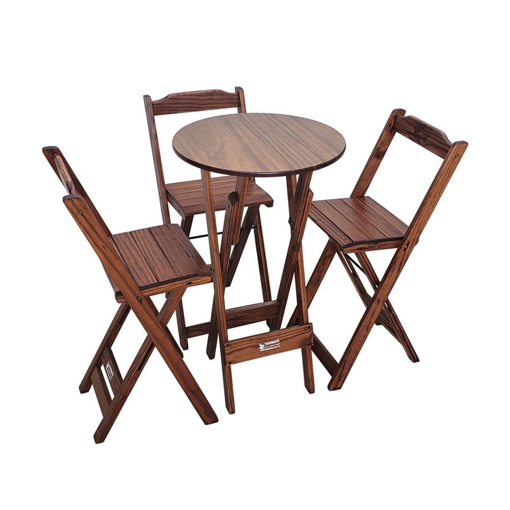 Conjunto Bistrô Mesa Dobrável de Madeira Redonda com 3 Banquetas Imbuia - Tarimatã