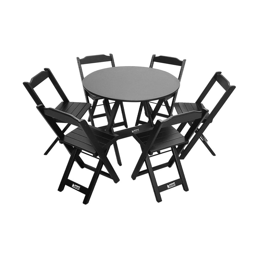 Mesa Dobrável de Madeira Redonda 90cm com 6 Cadeiras Preta - Tarimatã