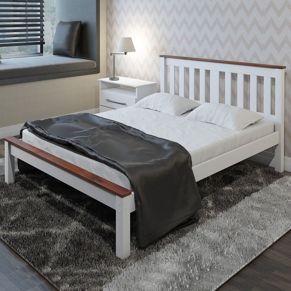 Cama Casal Madeira Maciça Branco Com Moldura Castanho Claro Woodstore