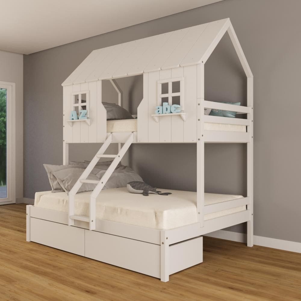 Beliche Casal/ Solteiro Casinha Encantada com 02 Gavetas Madeira Maciça Branco Housin