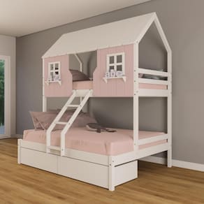 Beliche Casal/ Solteiro Casinha Encantada com 02 Gavetas Madeira Maciça Rosa/ Branco Housin