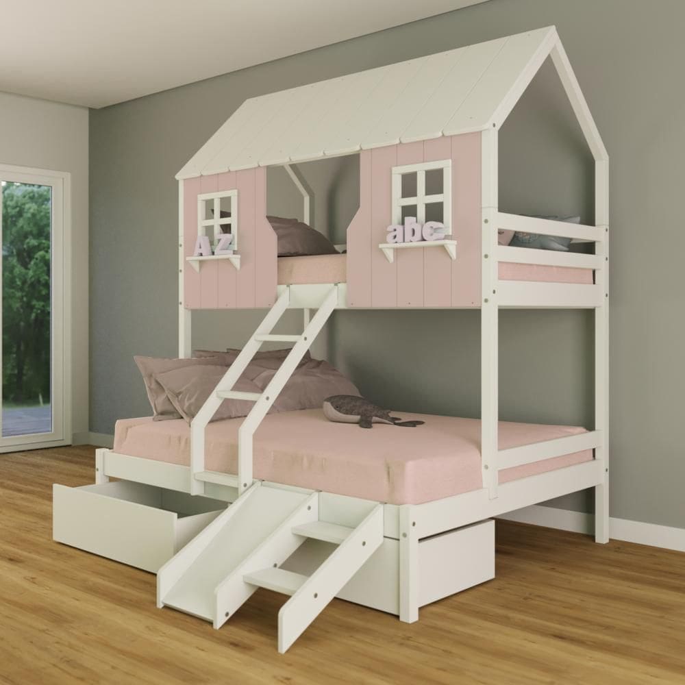 Beliche Casal/ Solteiro Casinha Encantada com 02 Gavetas Kit Escada/ Escorregador Madeira Maciça Rosa/ Branco Housin