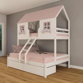 Beliche Casal/ Solteiro Casinha Encantada com 02 Gavetas Madeira Maciça Branco/ Rosa Housin