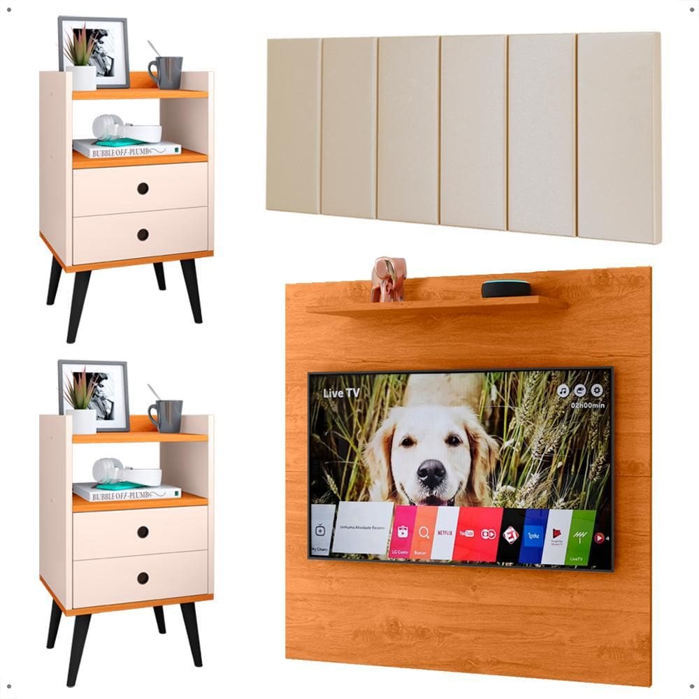 Kit 2 Mesinhas Off White Gavetas Painel Cinamomo Tv 32 Polegadas Prateleira Cabeceira Areia Suede Almofadada Cama Box King Size 1,95 - Lojas RPM