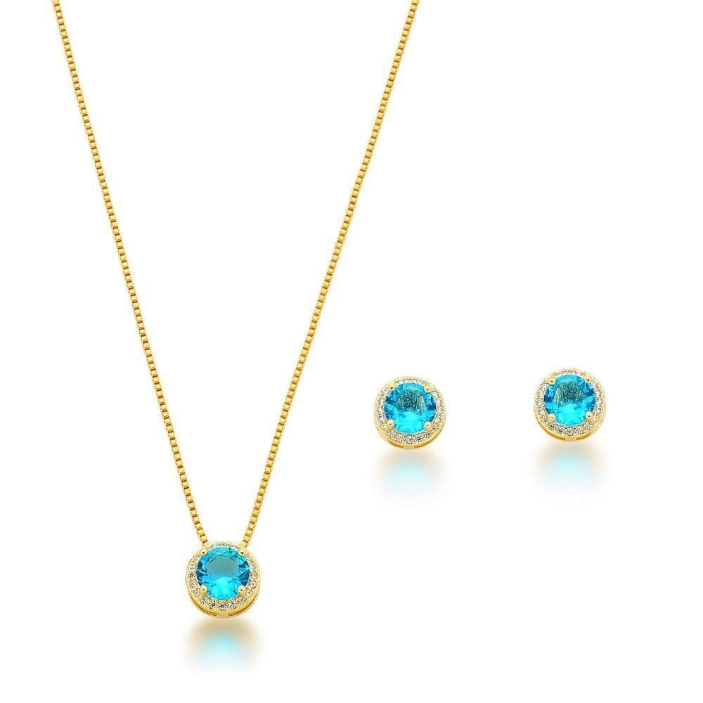 Conjunto Colar E Brincos Ponto De Luz Azul Banhado A Ouro 18k