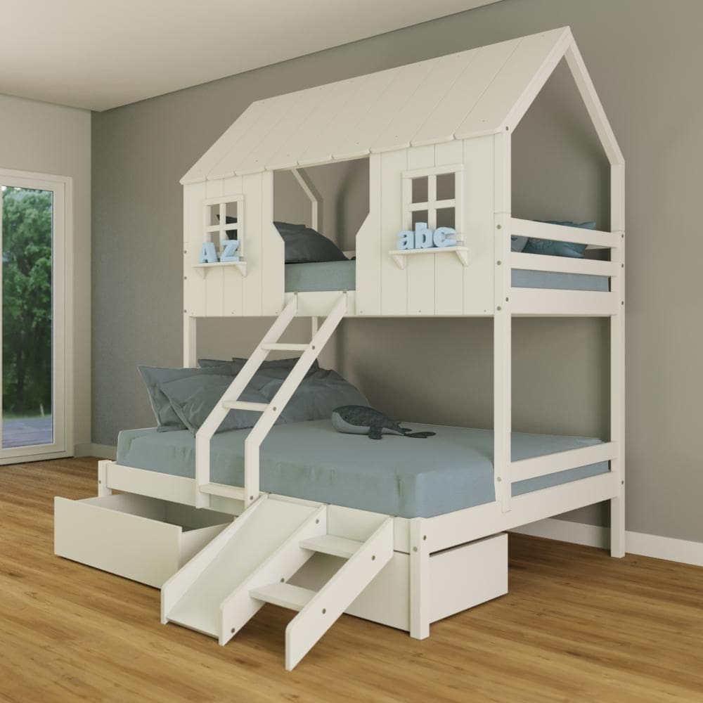 Beliche Casal/ Solteiro Casinha Encantada com 02 Gavetas Kit Escada/ Escorregador Madeira Maciça Branco Housin