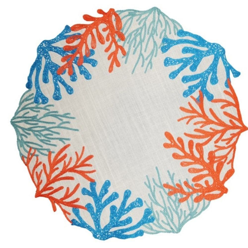 Jogo Americano Auguri Casa Coralli Branco c/ bordado Coral e Azul 40 Redondo